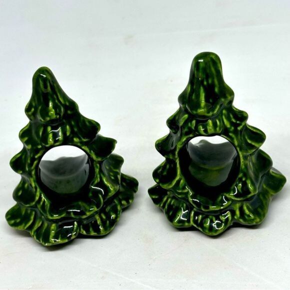 VINTAGE SET OF 2 Hand Made Green Ceramic Christmas Tree Napkin Holders Hand Made - Picture 4 of 5